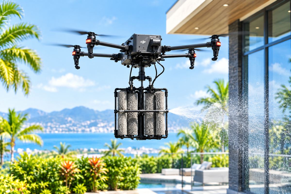 Cleaning drone spraying a building facade